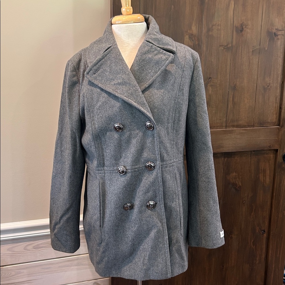 430A Calvin Klein Womens Double-Breasted Gray Wool Blend Pea Coat Size Medium